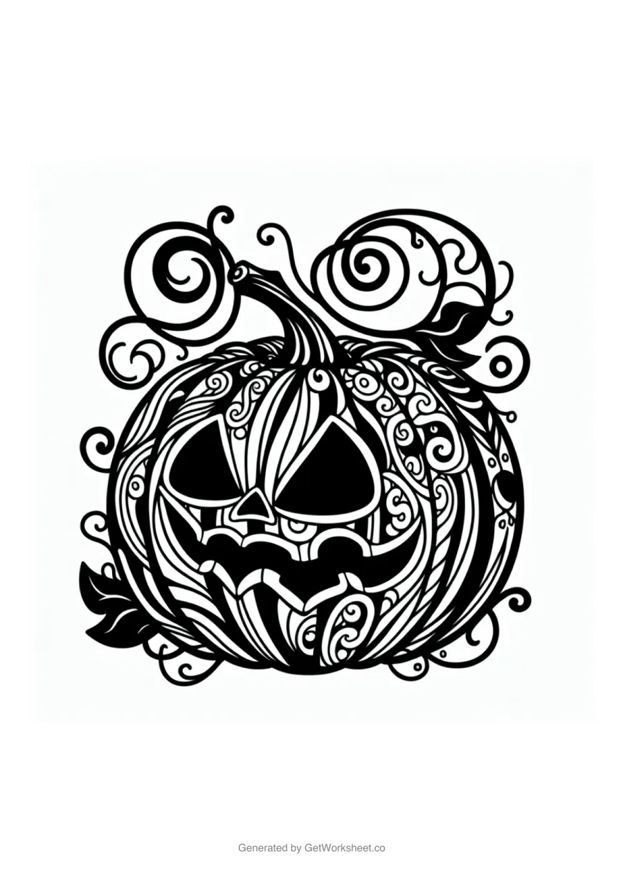Swirly jack-o-lantern (detailed) Swirly jack-o-lantern (detailed) – free printable PDF worksheet, page 1 preview (6 free Halloween coloring pages)