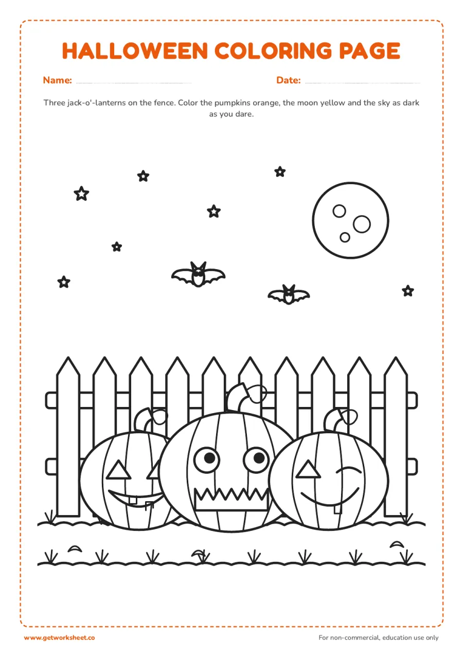 Three jack-o'-lanterns on a fence Three jack-o'-lanterns on a fence – free printable PDF worksheet, page 1 preview (6 free Halloween coloring pages)