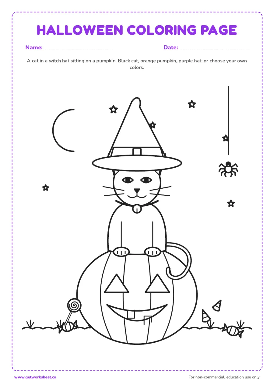 Cat in a witch hat on a pumpkin Cat in a witch hat on a pumpkin – free printable PDF worksheet, page 1 preview (6 free Halloween coloring pages)