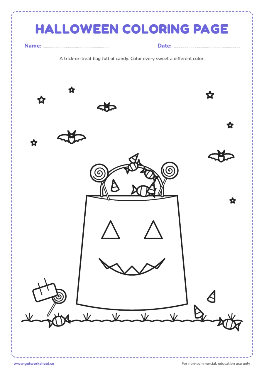 Trick-or-treat bag full of candy Trick-or-treat bag full of candy – free printable PDF worksheet, page 1 preview (6 free Halloween coloring pages)