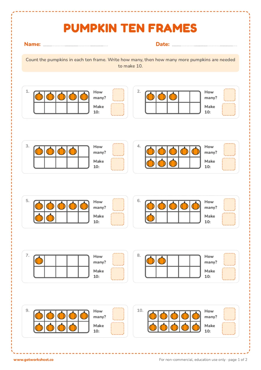Halloween ten frames – free printable PDF worksheet, page 1 preview (6 free Halloween math worksheets)