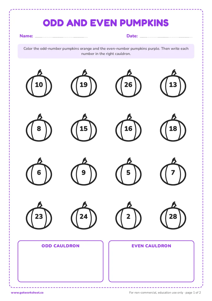 Halloween odd and even pumpkins – free printable PDF worksheet, page 1 preview (6 free Halloween math worksheets)