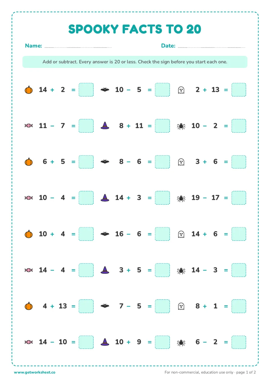 Halloween addition and subtraction to 20 – free printable PDF worksheet, page 1 preview (6 free Halloween math worksheets)