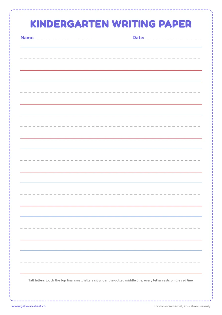 Kindergarten handwriting paper (dotted midline) Kindergarten handwriting paper (dotted midline) – free printable PDF worksheet, page 1 preview (8 free handwriting paper printables)