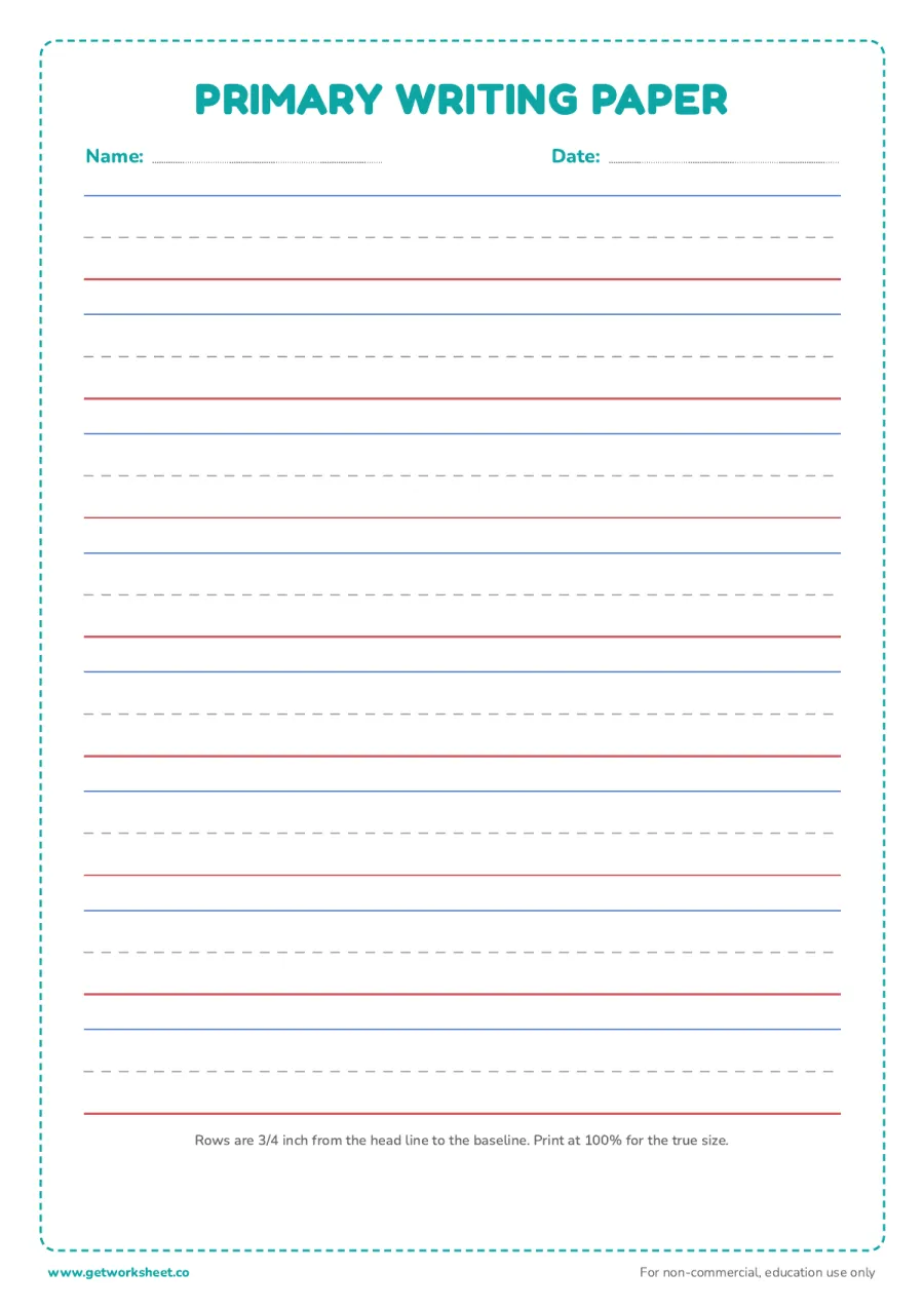 Primary handwriting paper (3/4 inch) Primary handwriting paper (3/4 inch) – free printable PDF worksheet, page 1 preview (8 free handwriting paper printables)