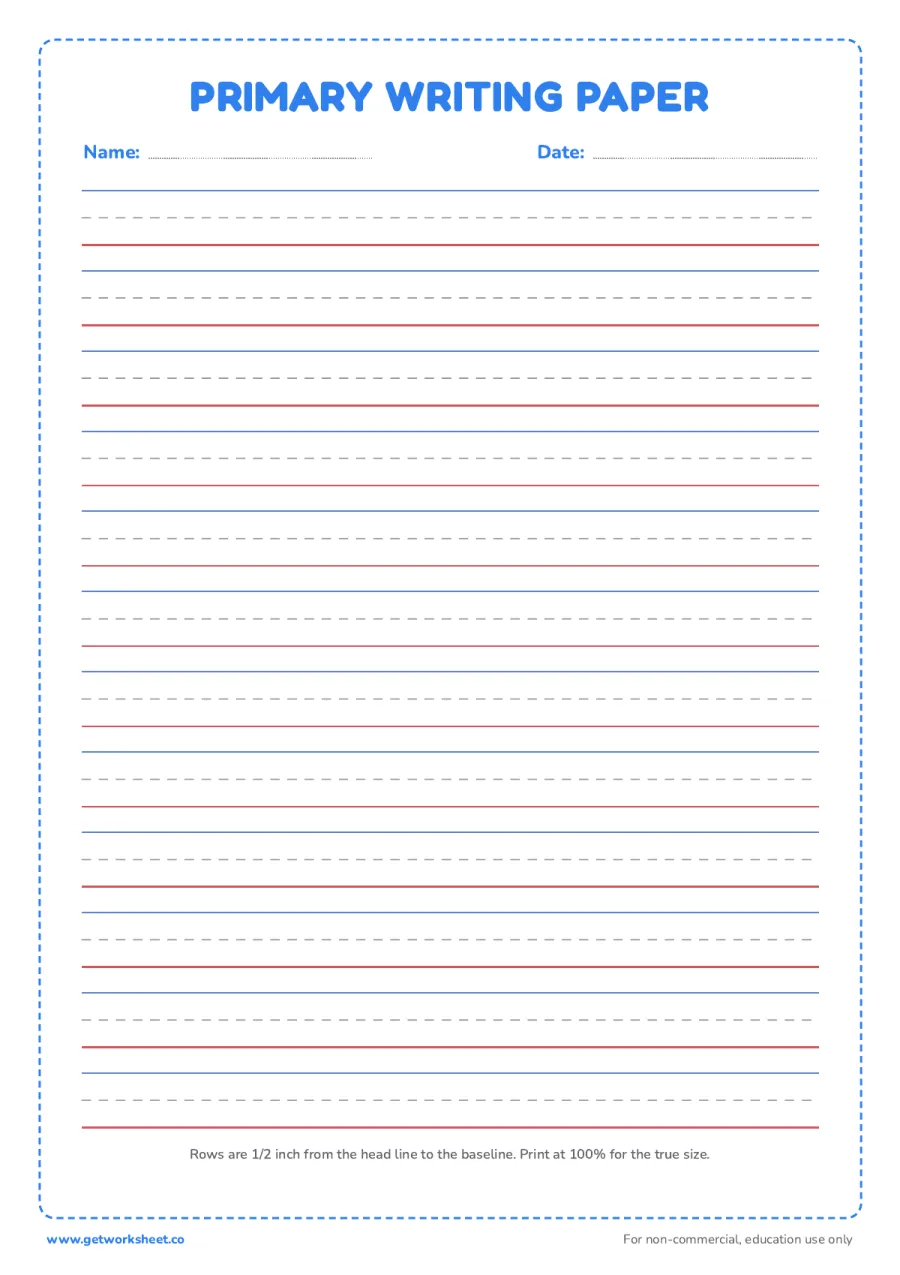 Primary handwriting paper (1/2 inch) Primary handwriting paper (1/2 inch) – free printable PDF worksheet, page 1 preview (8 free handwriting paper printables)