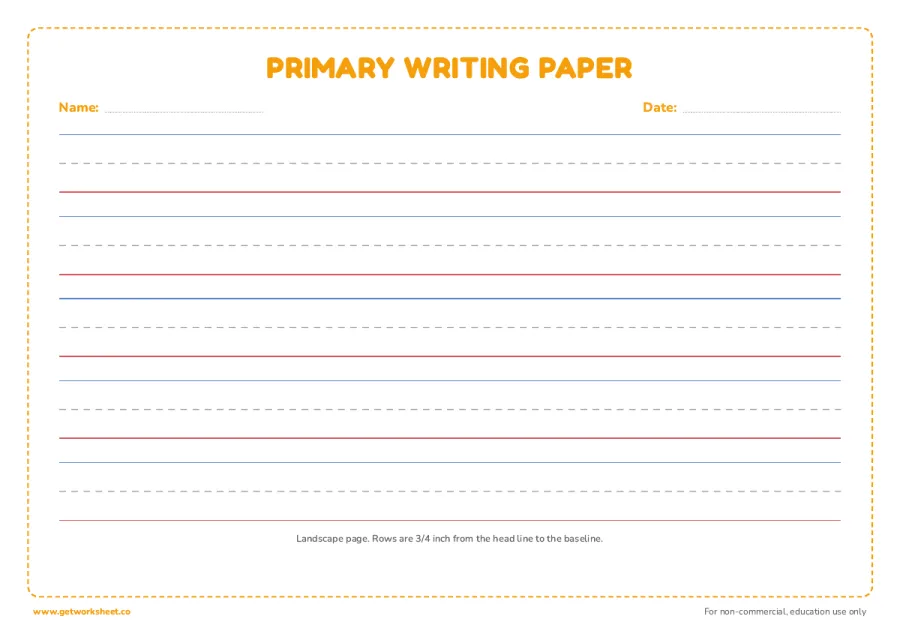 Landscape primary handwriting paper Landscape primary handwriting paper – free printable PDF worksheet, page 1 preview (8 free handwriting paper printables)