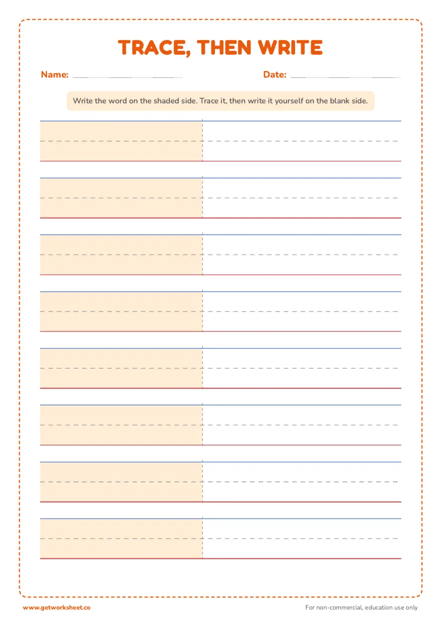 Trace then write paper Trace then write paper – free printable PDF worksheet, page 1 preview (8 free handwriting paper printables)