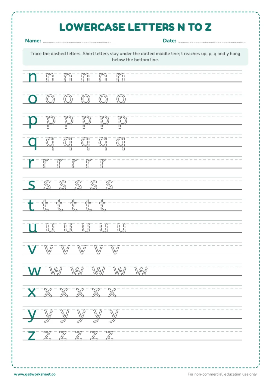Lowercase letters n to z: trace and write – free printable PDF worksheet, page 1 preview (Free handwriting worksheets)