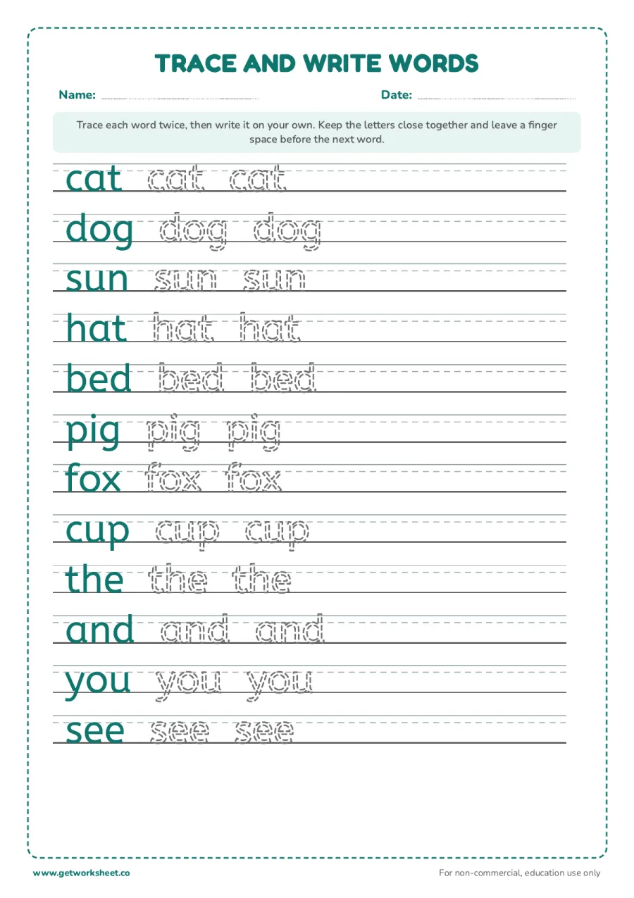Trace and write words: 12 short words on guides – free printable PDF worksheet, page 1 preview (Free handwriting worksheets)