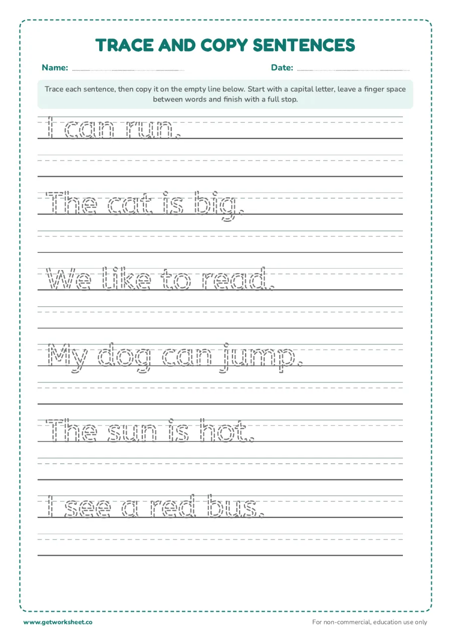 Trace and copy sentences: 6 sentences with copy lines – free printable PDF worksheet, page 1 preview (Free handwriting worksheets)