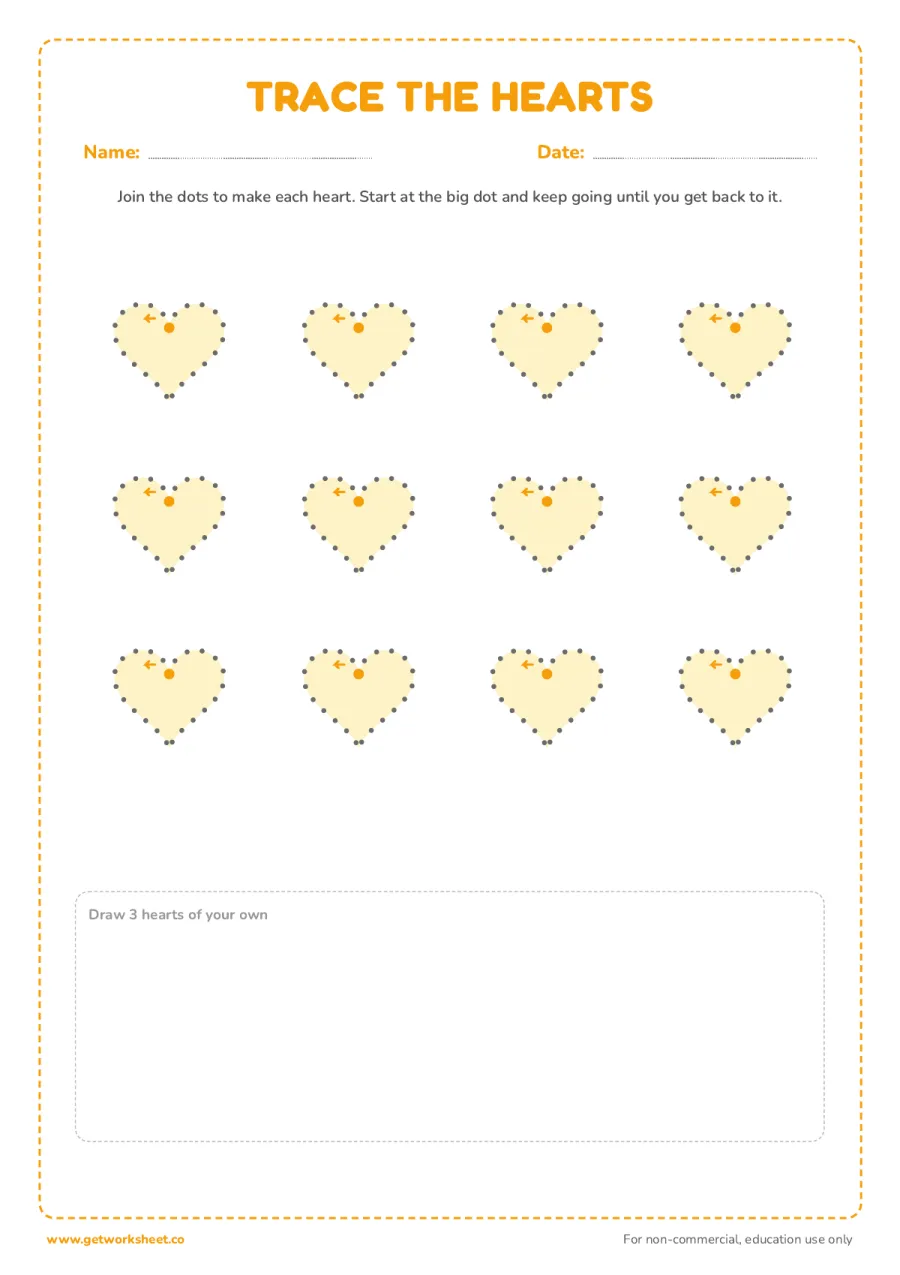 Dot-to-dot hearts – free printable PDF worksheet, page 1 preview (7 free heart tracing worksheets)