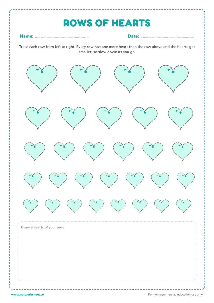 Rows of hearts: 4 to 8 a row – free printable PDF worksheet, page 1 preview (7 free heart tracing worksheets)