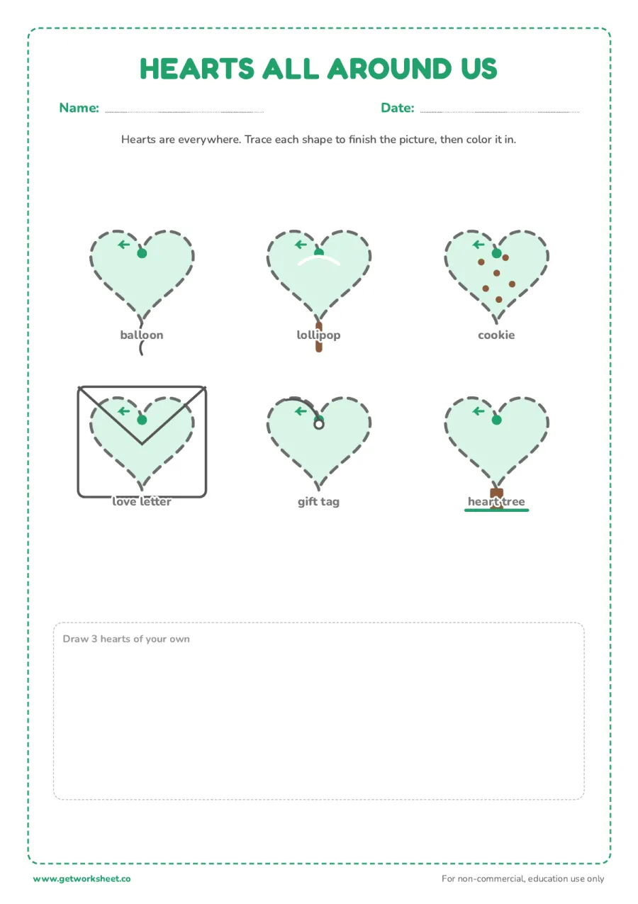 Hearts all around us: trace and color – free printable PDF worksheet, page 1 preview (7 free heart tracing worksheets)