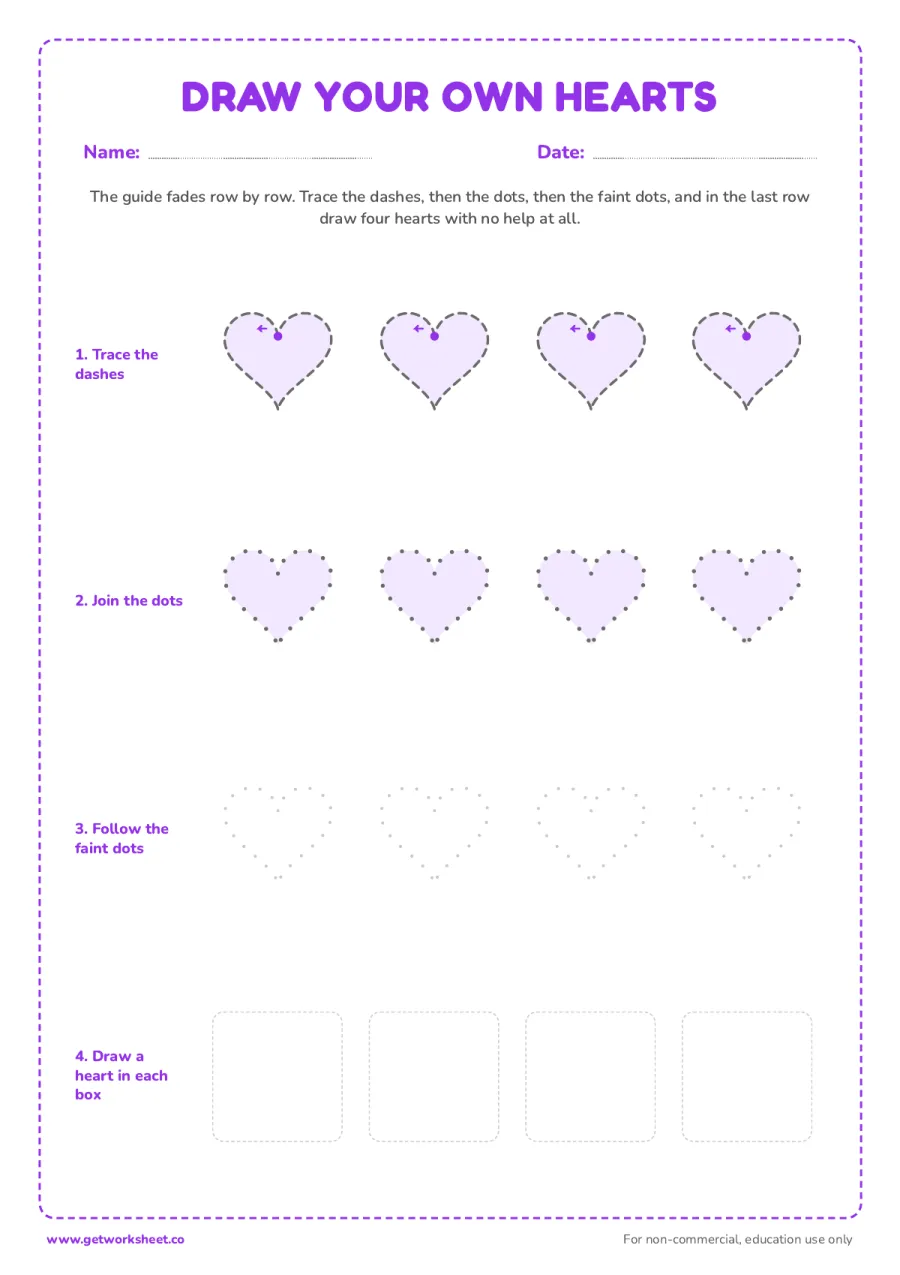 Draw your own hearts (fading guide) – free printable PDF worksheet, page 1 preview (7 free heart tracing worksheets)