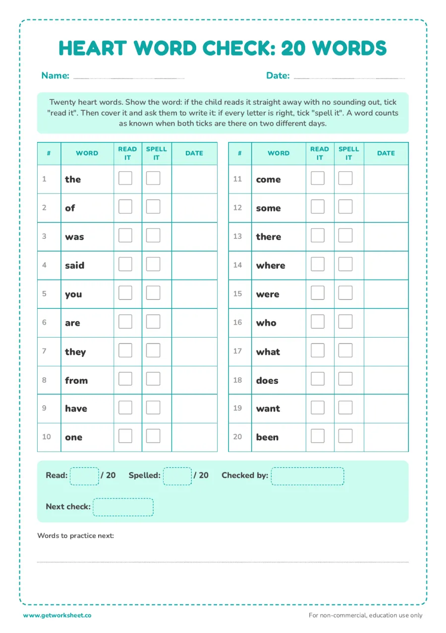 Heart word check sheet: 20 words, read and spell Heart word check sheet: 20 words, read and spell – free printable PDF worksheet, page 1 preview (8 free heart words worksheets)