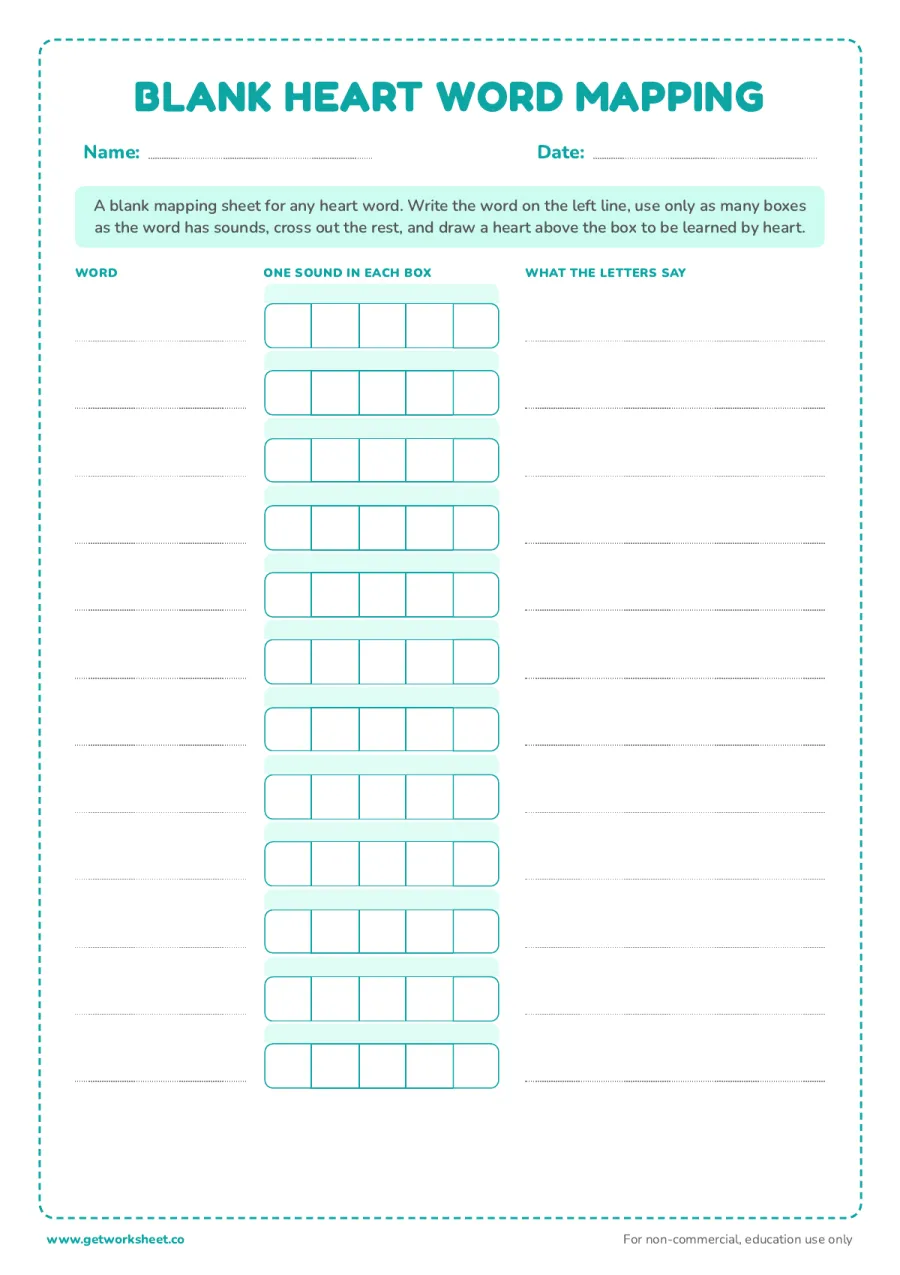 Blank heart word mapping template, 12 rows Blank heart word mapping template, 12 rows – free printable PDF worksheet, page 1 preview (8 free heart words worksheets)