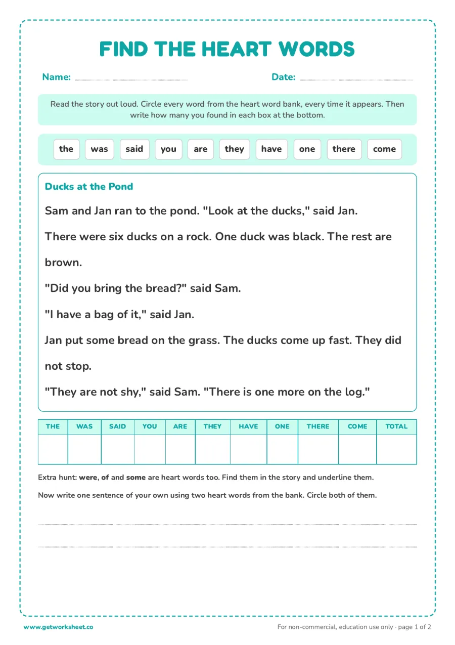 Find the heart words in a decodable story Find the heart words in a decodable story – free printable PDF worksheet, page 1 preview (8 free heart words worksheets)