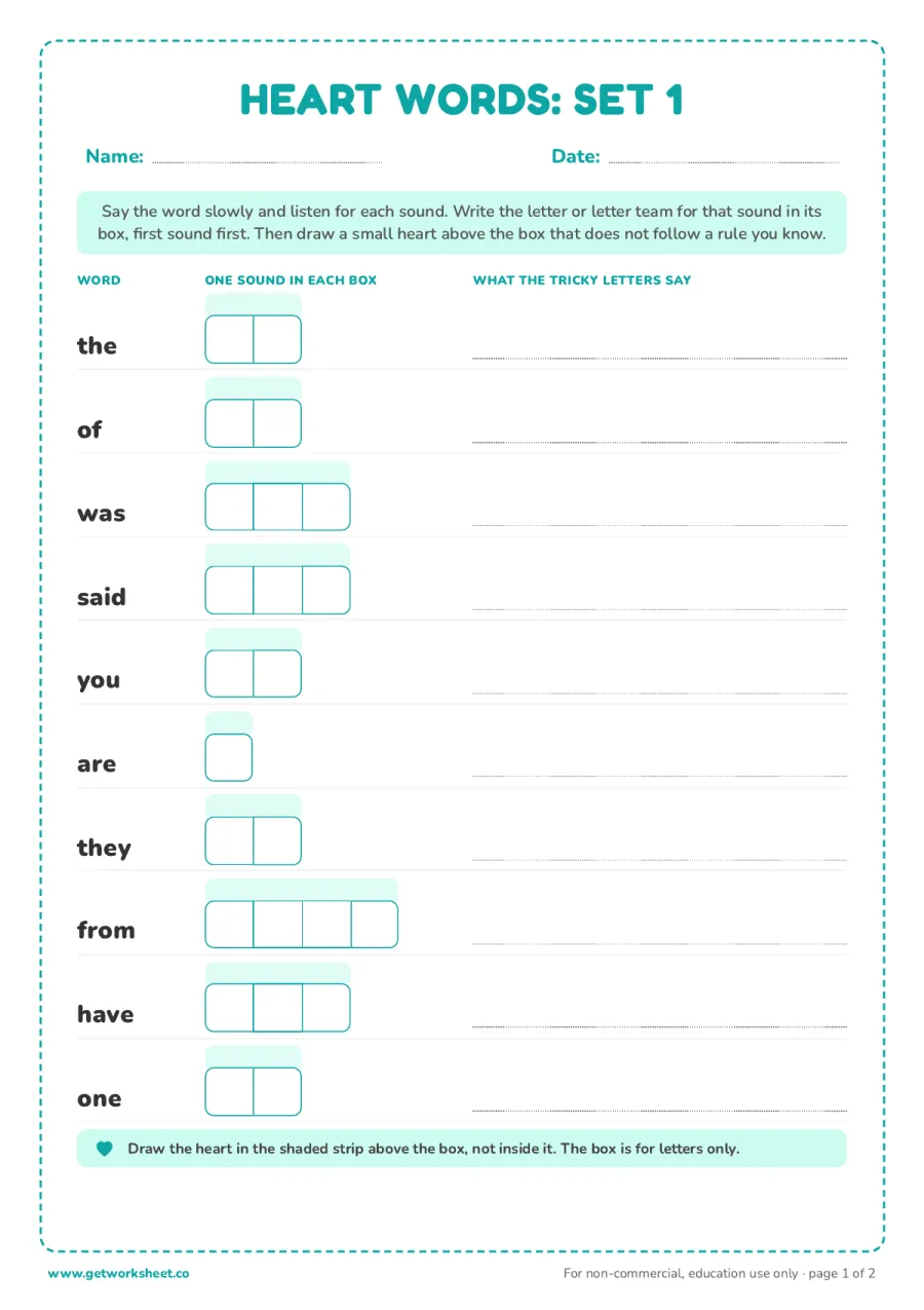 Map 10 heart words, set 1: the, of, was, said, you Map 10 heart words, set 1: the, of, was, said, you – free printable PDF worksheet, page 1 preview (8 free heart words worksheets)