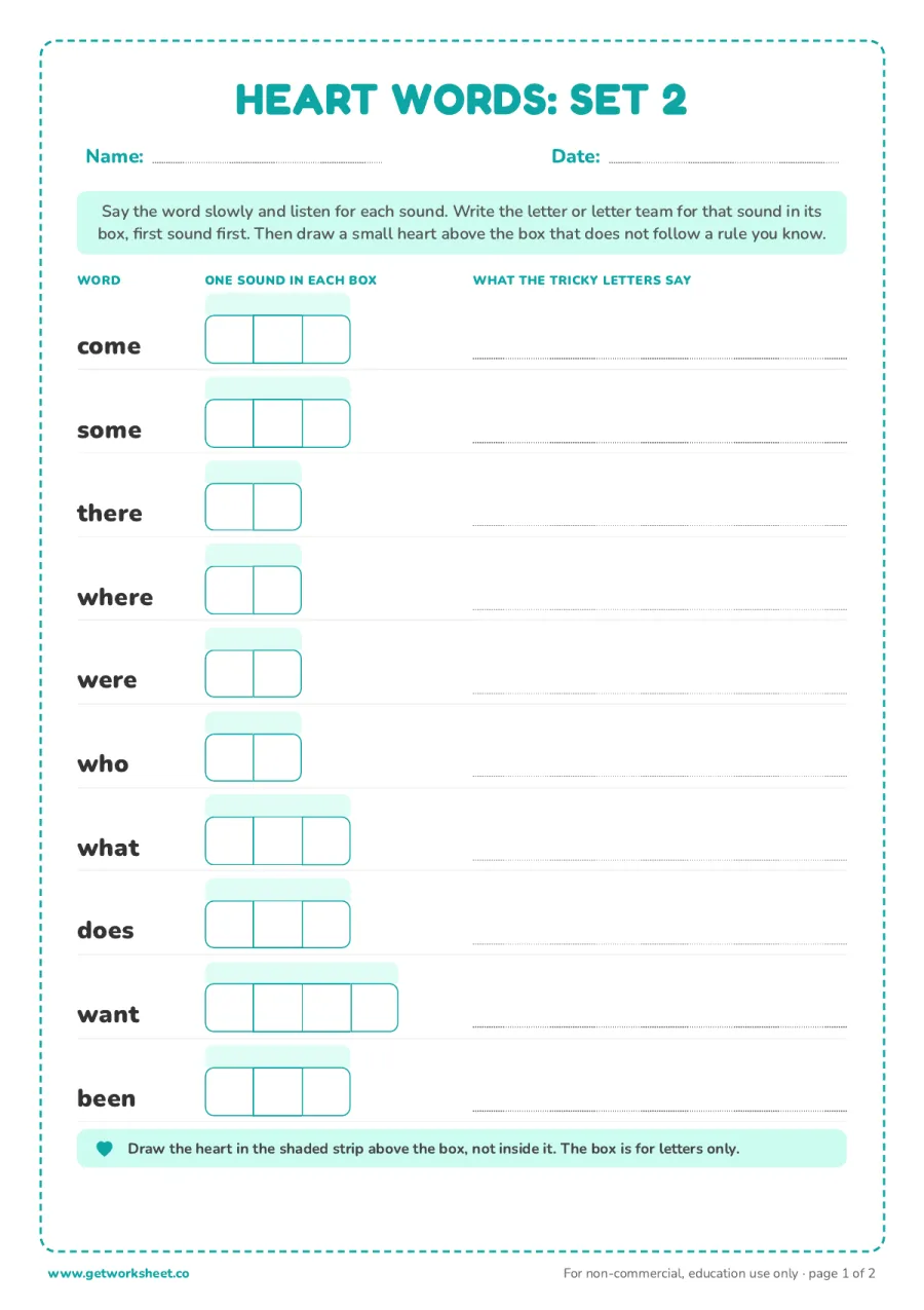 Map 10 heart words, set 2: come, some, there, where, were Map 10 heart words, set 2: come, some, there, where, were – free printable PDF worksheet, page 1 preview (8 free heart words worksheets)
