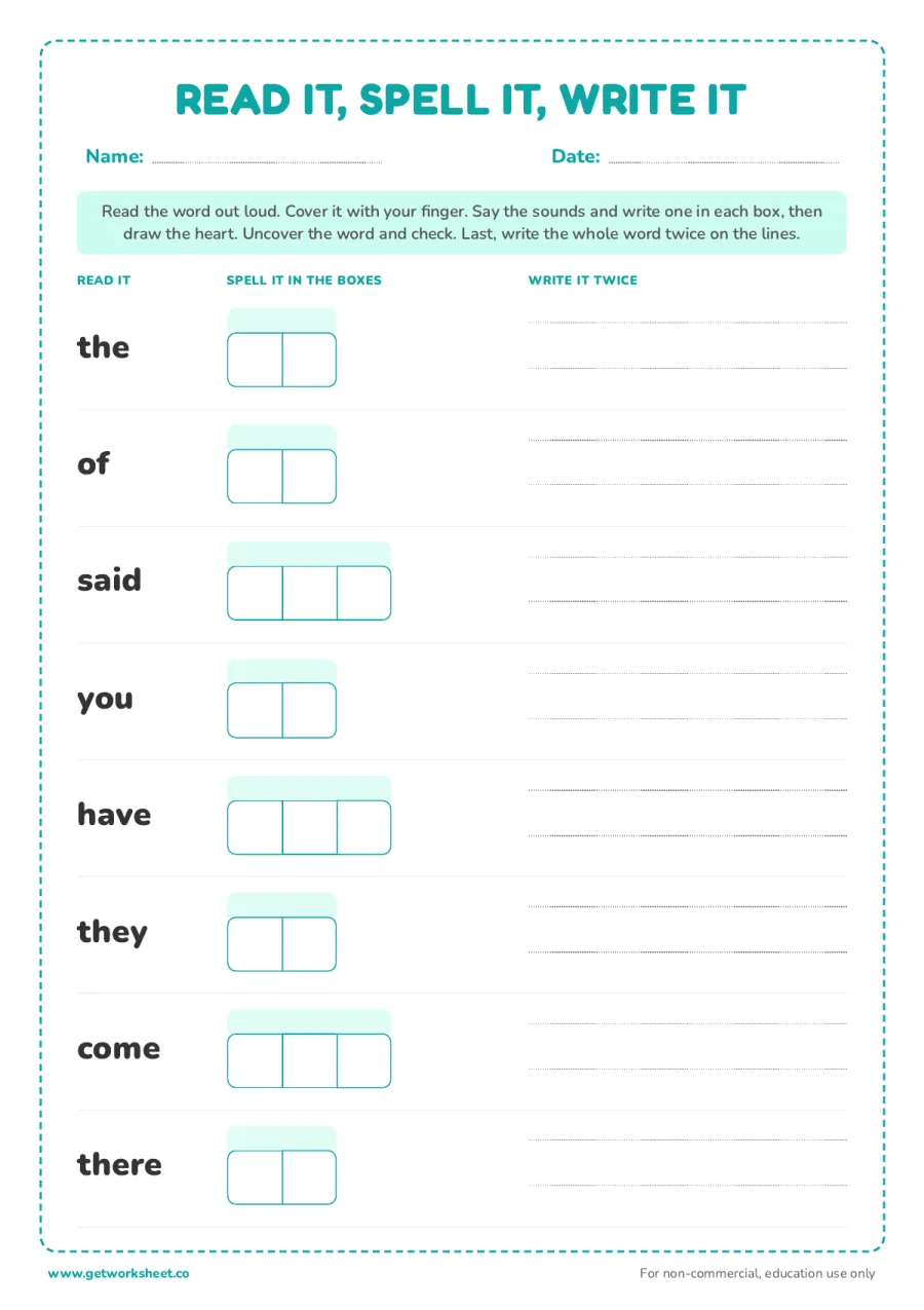 Read it, spell it, write it: 8 heart words Read it, spell it, write it: 8 heart words – free printable PDF worksheet, page 1 preview (8 free heart words worksheets)