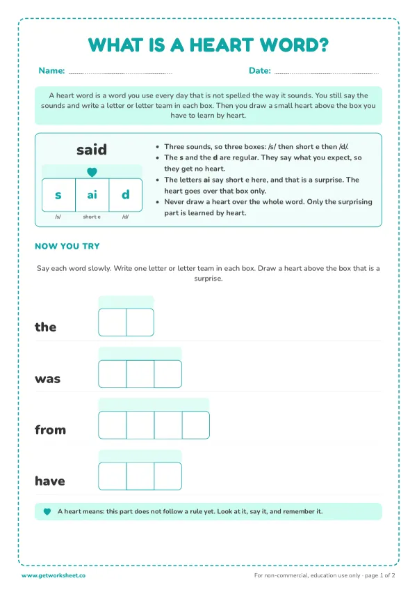 Free heart words worksheets – free printable worksheets preview