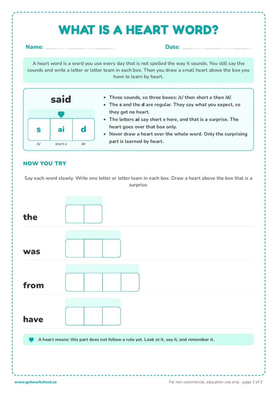 What is a heart word? Worked example plus 4 words What is a heart word? Worked example plus 4 words – free printable PDF worksheet, page 1 preview (8 free heart words worksheets)