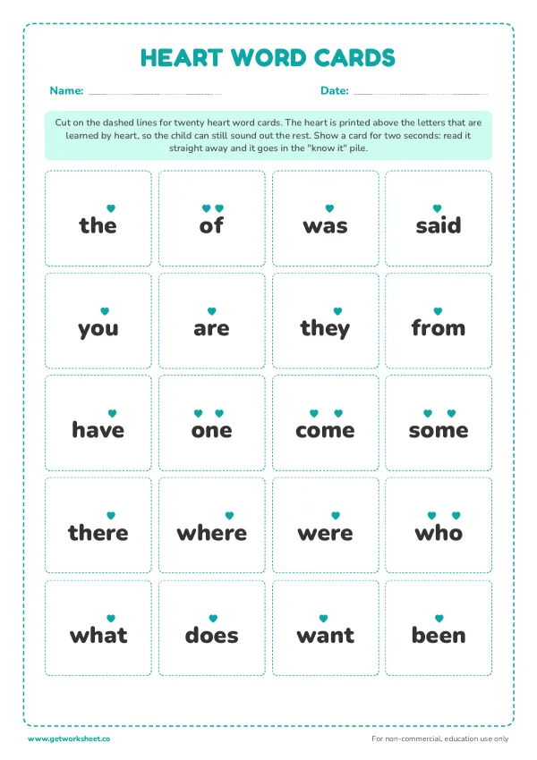 Heart word cards to cut out: 20 words, page 1 preview