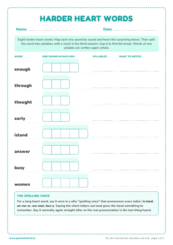 Harder heart words: enough, through, island, answer, page 1 preview