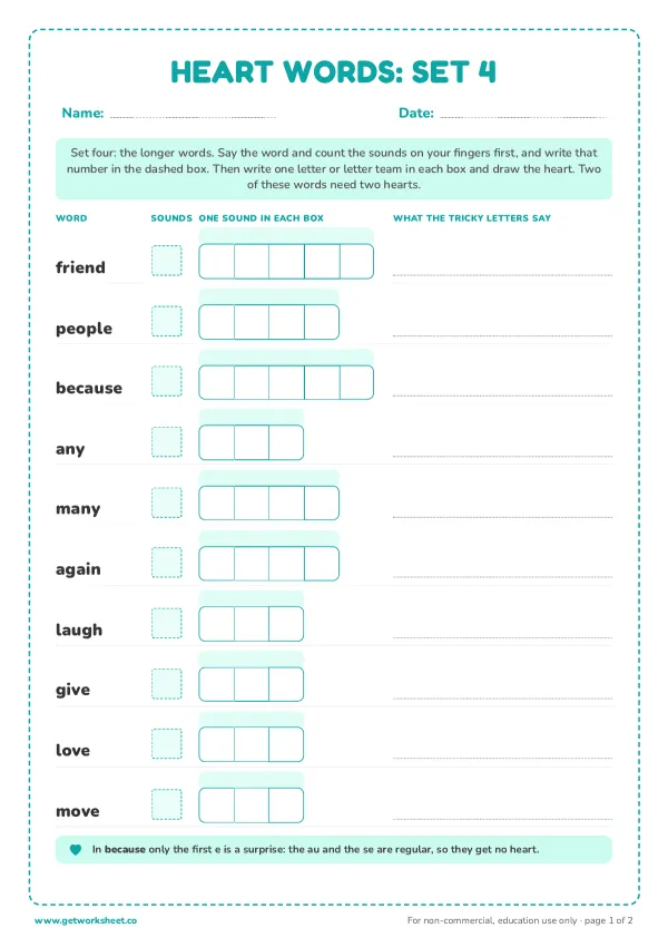 Map 10 heart words, set 4: friend, people, because, any, many, page 1 preview