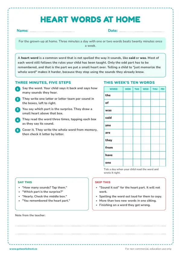 Heart words at home: a page for parents, page 1 preview