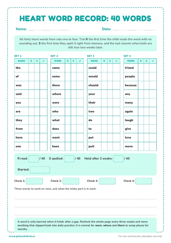 Heart word progress record: 40 words, page 1 preview