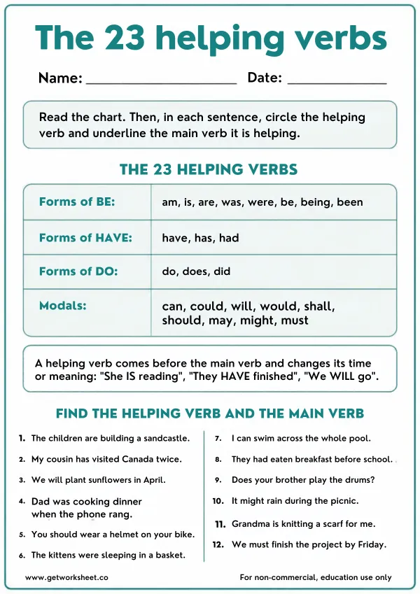 The 23 helping verbs worksheet preview