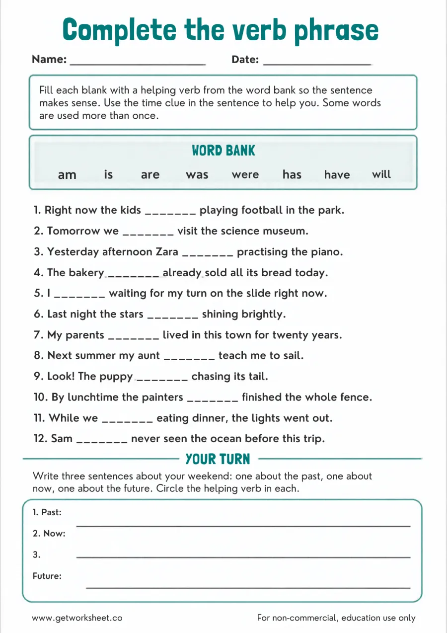 Complete the verb phrase from the word bank (past, present, future) – free printable PDF worksheet, page 1 preview (Free helping verbs worksheets)