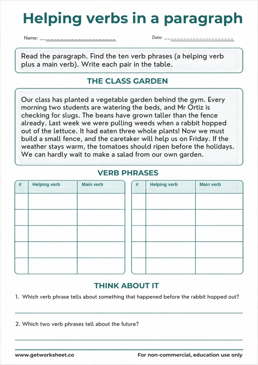 Helping verbs in a paragraph: find the 10 verb phrases – free printable PDF worksheet, page 1 preview (Free helping verbs worksheets)