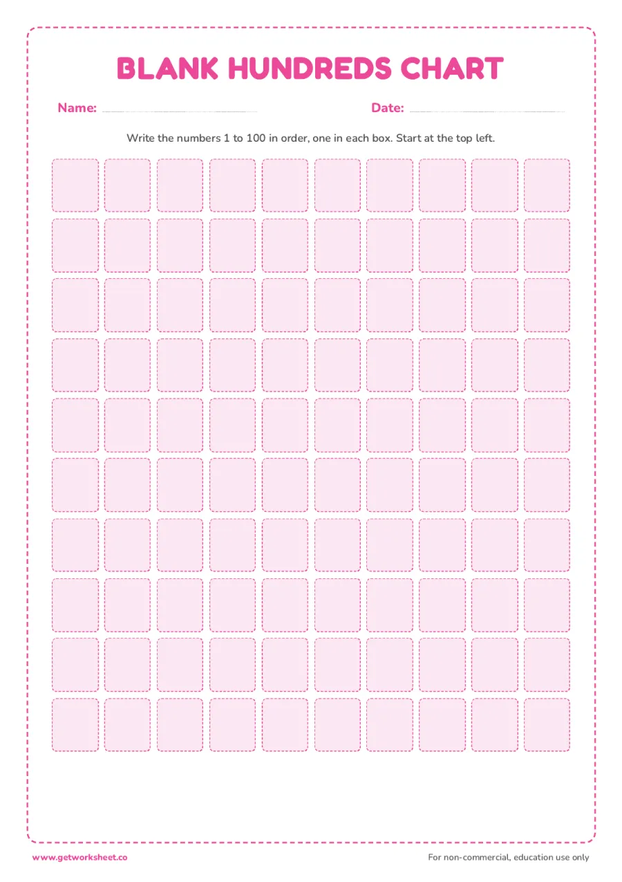 Blank hundreds chart – free printable PDF worksheet, page 1 preview (4 free hundreds chart worksheets)