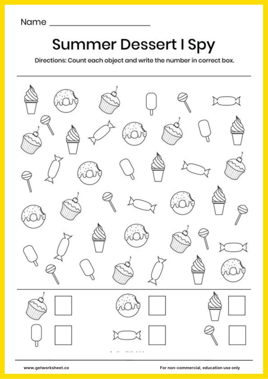 I spy: summer desserts (ice cream, donuts, cupcakes) I spy: summer desserts (ice cream, donuts, cupcakes) – free printable PDF worksheet, page 1 preview (Free i spy worksheets)