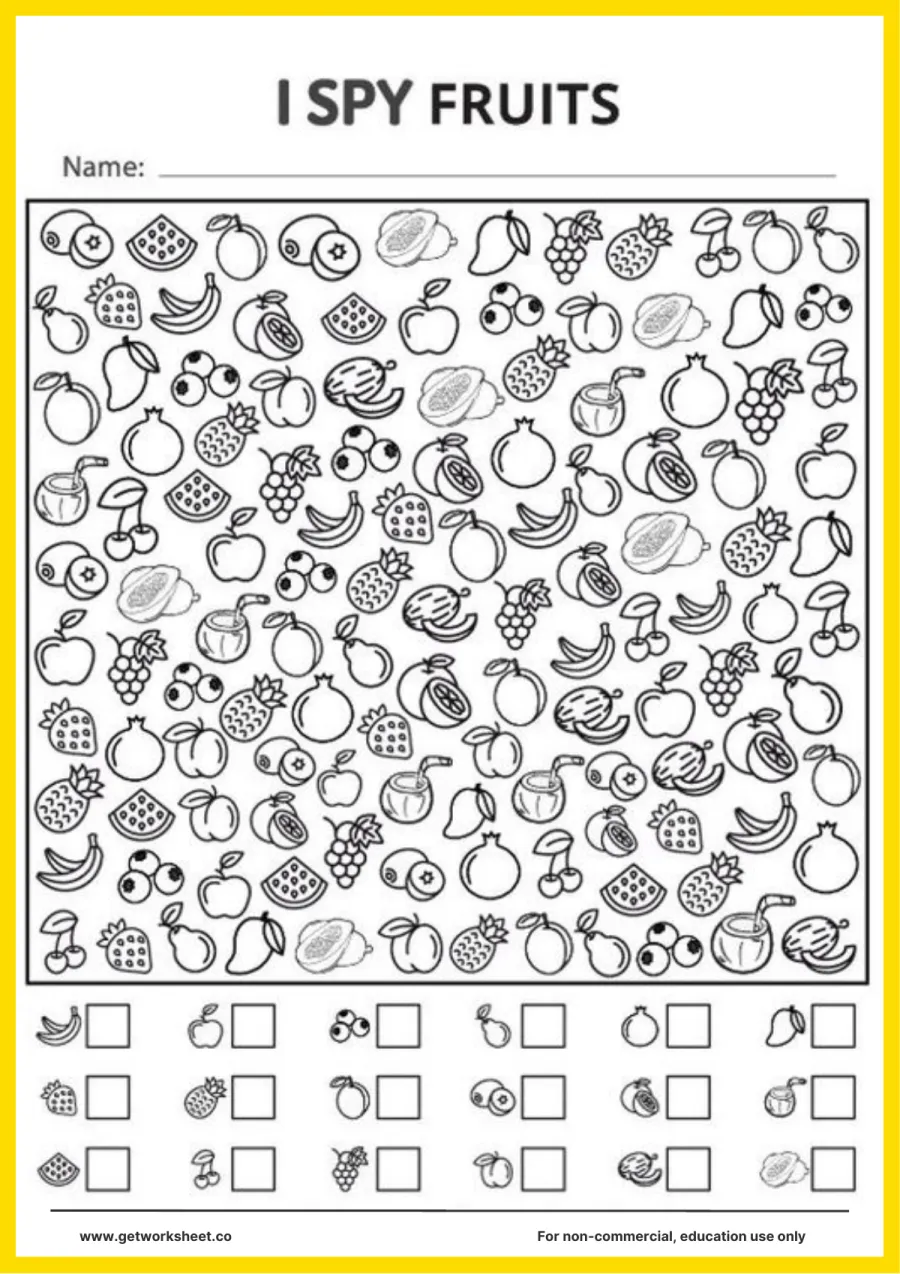 I spy: fruits (apples, bananas, grapes, pears) I spy: fruits (apples, bananas, grapes, pears) – free printable PDF worksheet, page 1 preview (Free i spy worksheets)