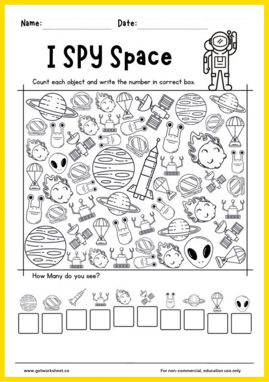 I spy: space (planets, rockets, aliens, astronauts) I spy: space (planets, rockets, aliens, astronauts) – free printable PDF worksheet, page 1 preview (Free i spy worksheets)