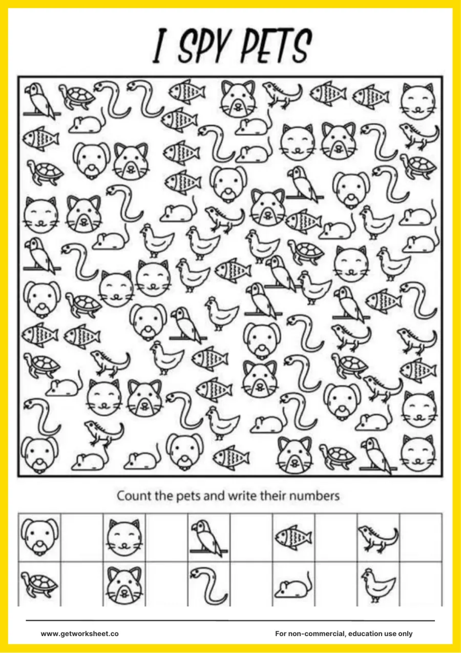 I spy: pets (cats, dogs, fish, birds, snakes) I spy: pets (cats, dogs, fish, birds, snakes) – free printable PDF worksheet, page 1 preview (Free i spy worksheets)