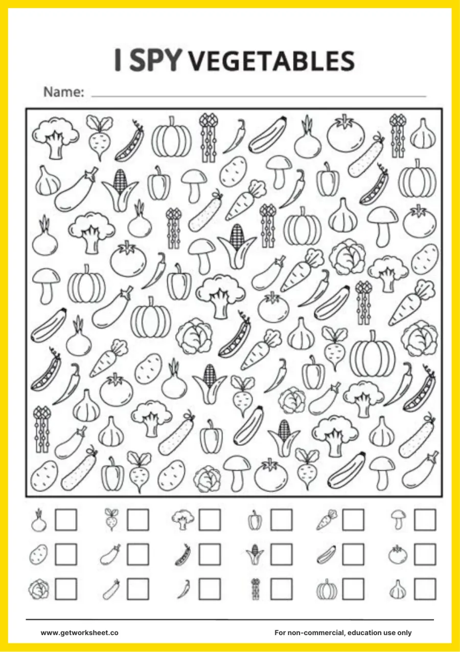 I spy: vegetables (carrots, broccoli, corn, peas) I spy: vegetables (carrots, broccoli, corn, peas) – free printable PDF worksheet, page 1 preview (Free i spy worksheets)