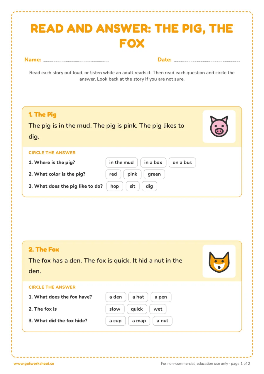 The Pig and The Fox: two stories with questions – free printable PDF worksheet, page 1 preview (8 free kindergarten reading comprehension worksheets)