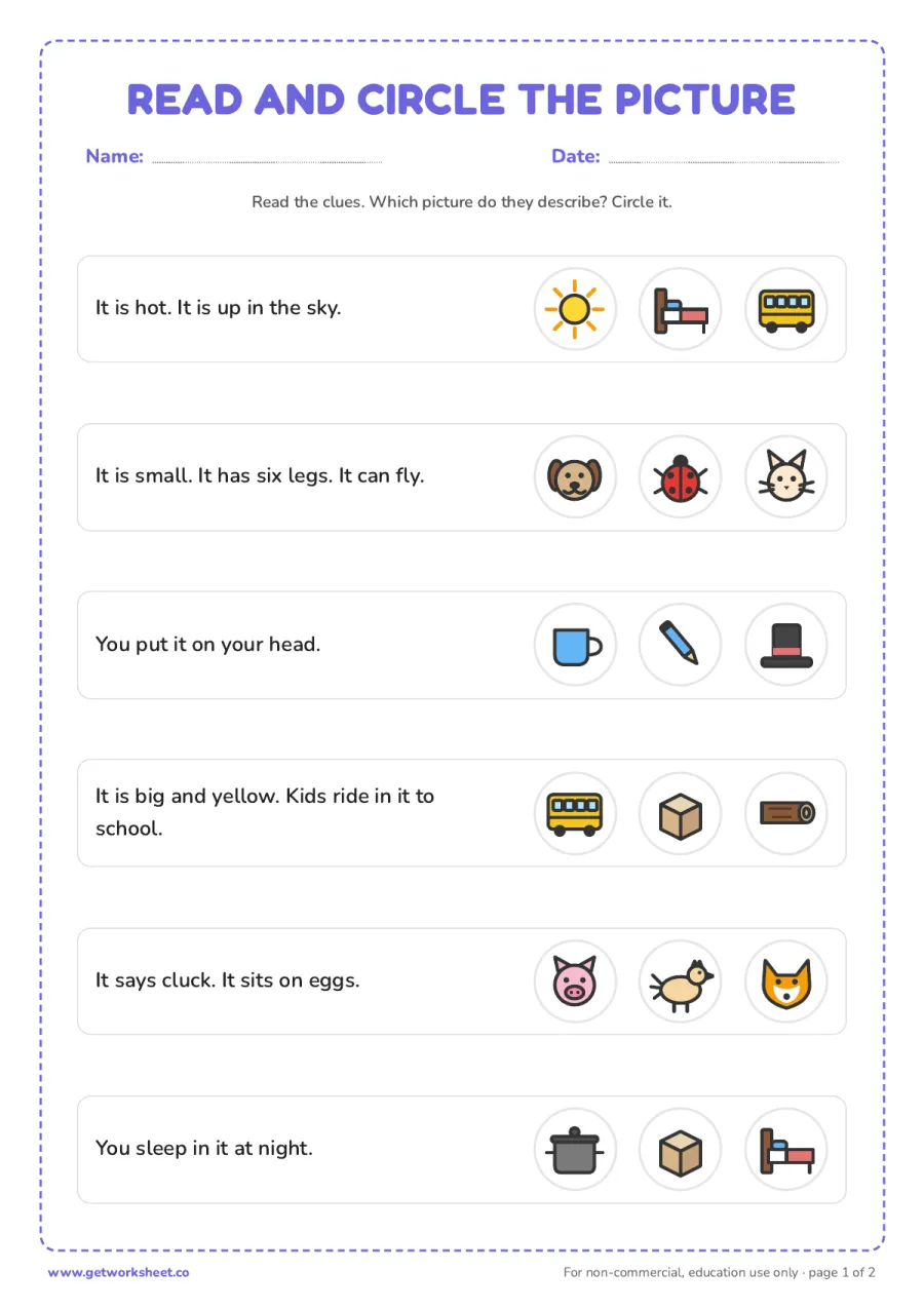 Read the clues and circle the picture – free printable PDF worksheet, page 1 preview (8 free kindergarten reading comprehension worksheets)