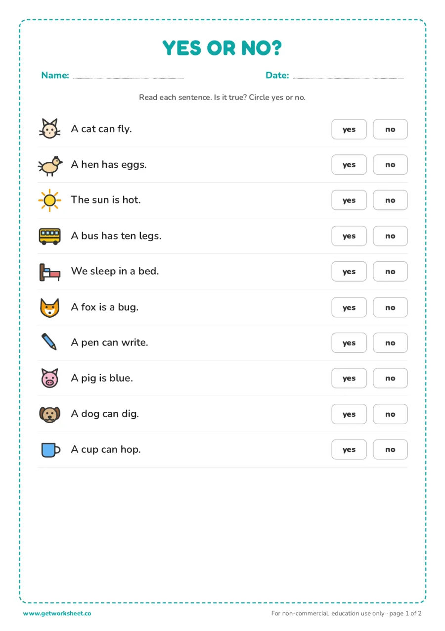 Yes or no? Ten true or false sentences – free printable PDF worksheet, page 1 preview (8 free kindergarten reading comprehension worksheets)