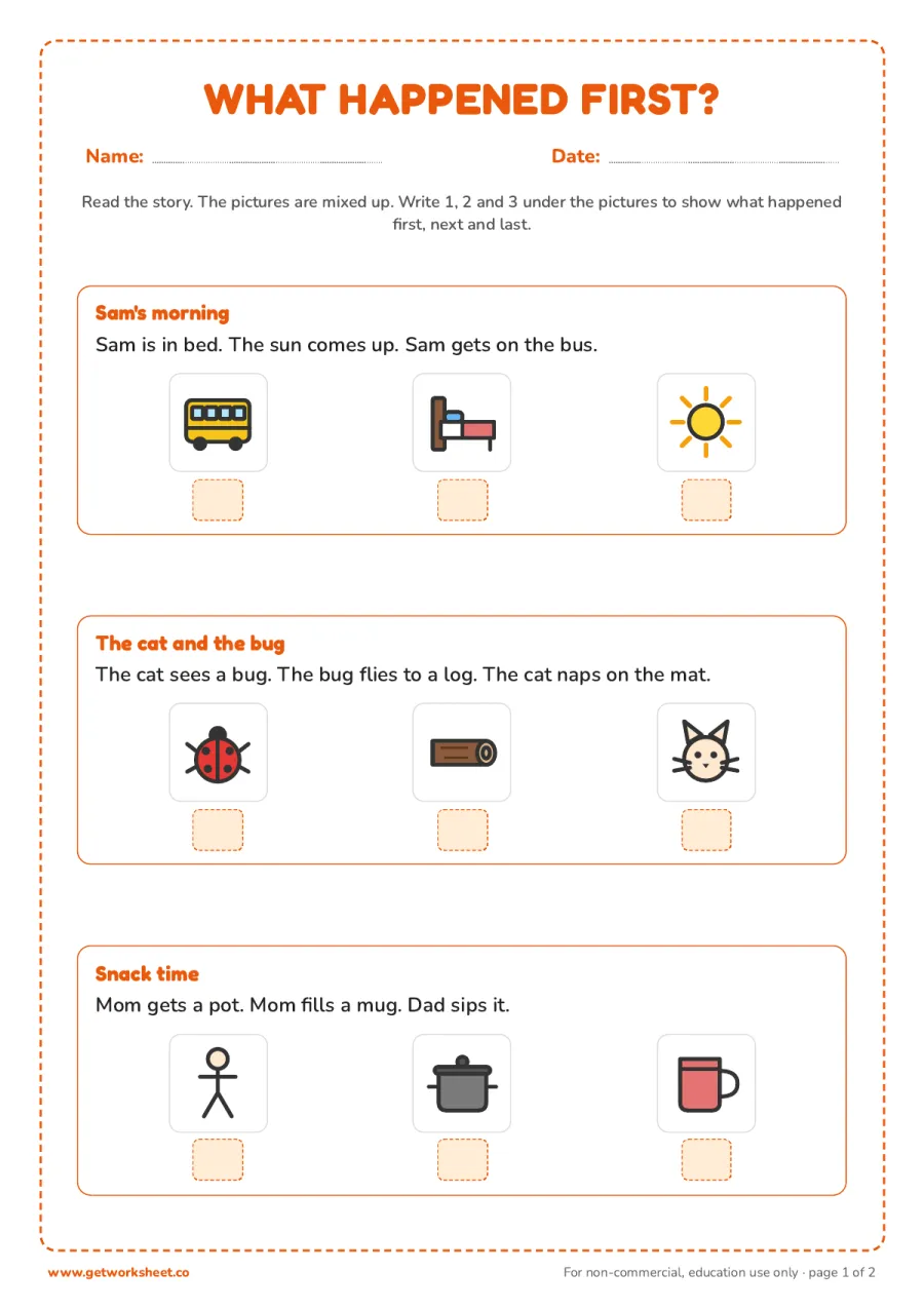 What happened first? Three stories to sequence – free printable PDF worksheet, page 1 preview (8 free kindergarten reading comprehension worksheets)