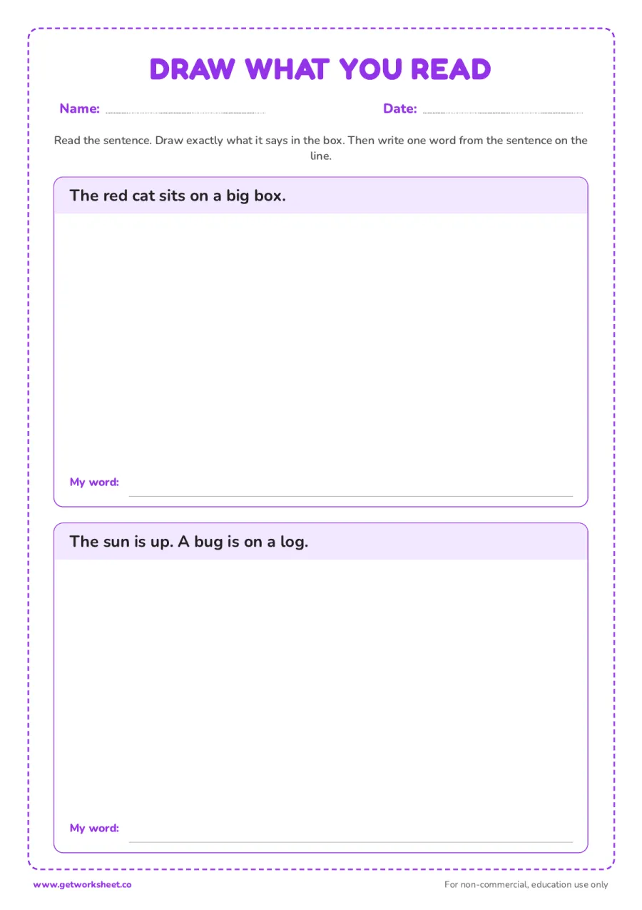 Draw what you read – free printable PDF worksheet, page 1 preview (8 free kindergarten reading comprehension worksheets)