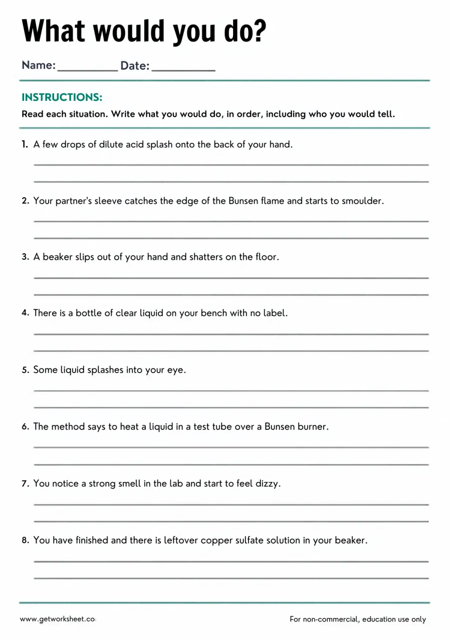 What would you do? 8 lab emergencies and near-misses to respond to – free printable PDF worksheet, page 1 preview (Free lab safety worksheets)