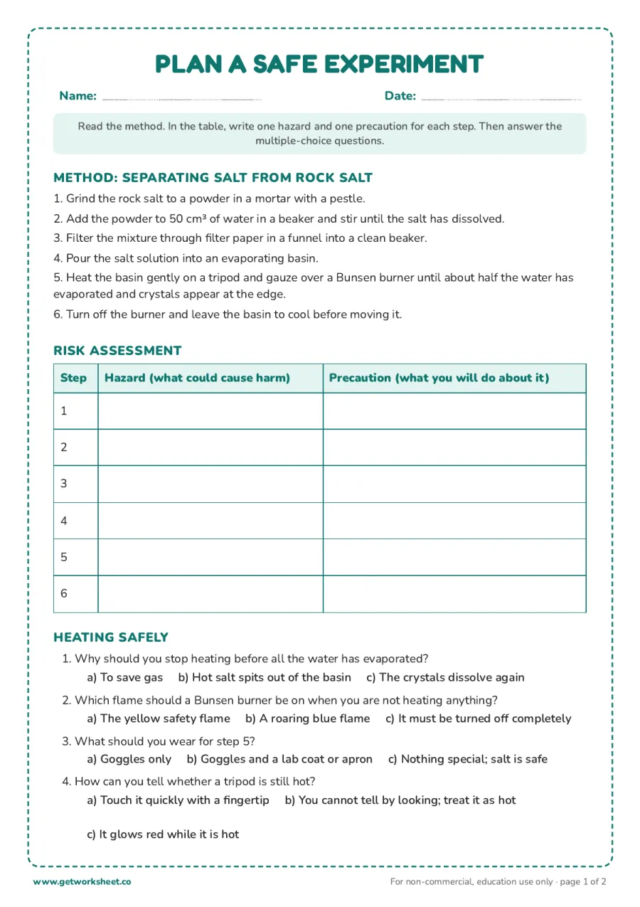 Plan a safe experiment: risk-assess a real 6-step method – free printable PDF worksheet, page 1 preview (Free lab safety worksheets)