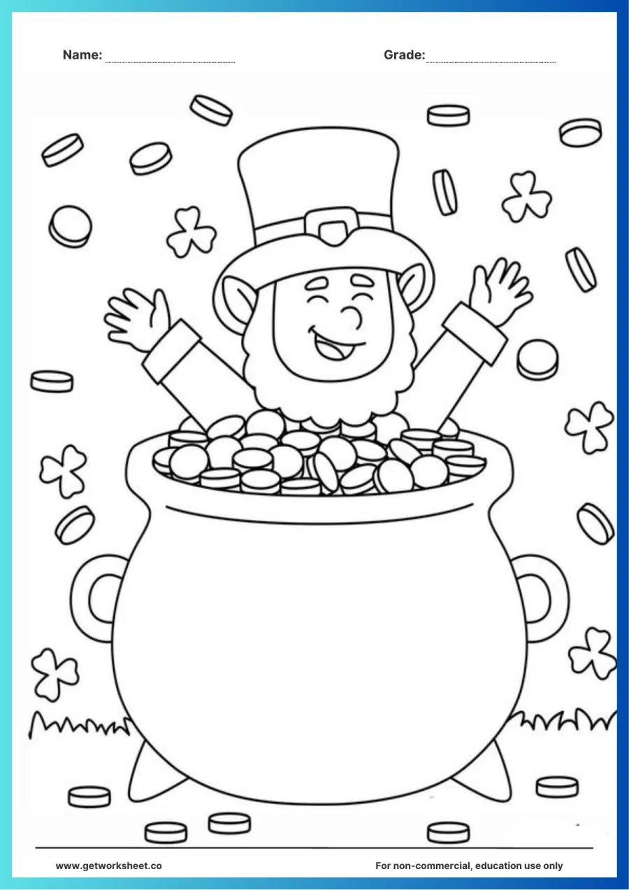Pot of gold overflowing – free printable PDF worksheet, page 1 preview (Free leprechaun coloring pages)