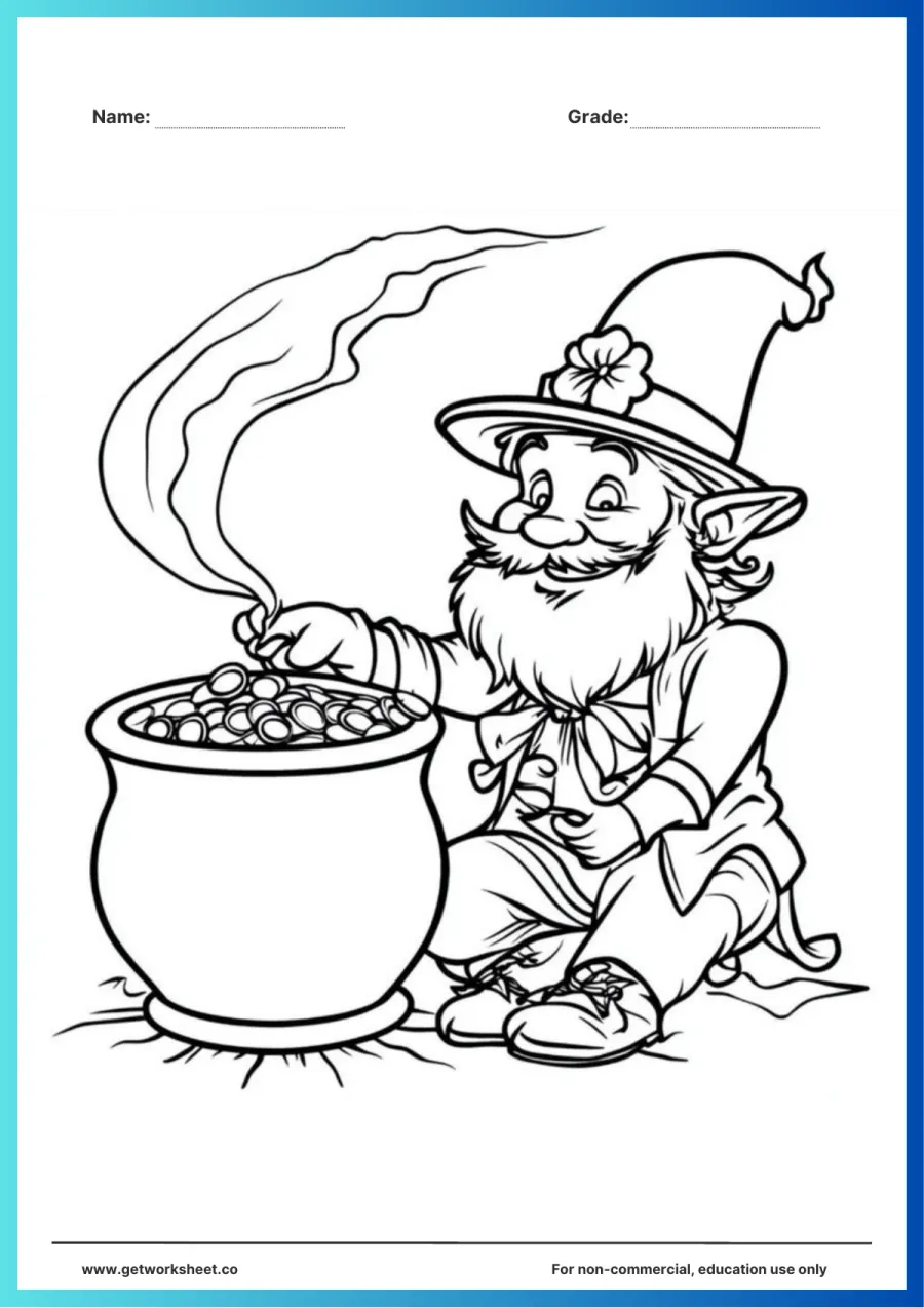 Bearded leprechaun beside the pot – free printable PDF worksheet, page 1 preview (Free leprechaun coloring pages)